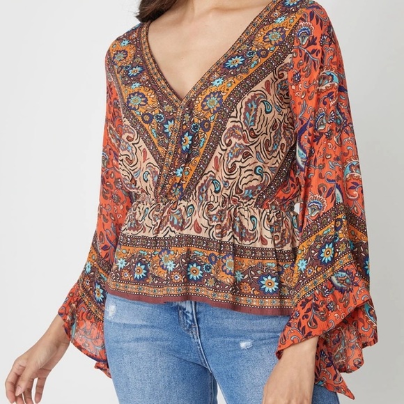Free People Tops - FREE PEOPLE ROSALIE WRAP BOHO TOP RUFFLED SLEEVES